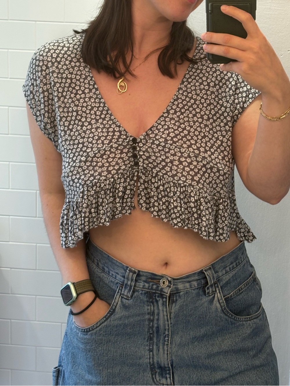 Urban Outfitters Black and White Floral Ruffle Tie-Front Crop Top
